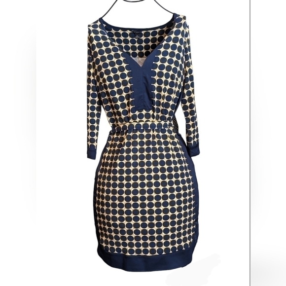Ann Taylor Sz XS Navy Blue and Yellow Circle Geometric Print Dress - Picture 1 of 6